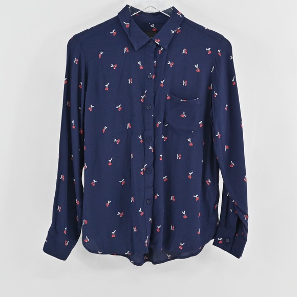 Rails Tops - Rails Womens Kate Top Size XS Cherry‎ Print Preppy Button Navy Blue Long Sleeve